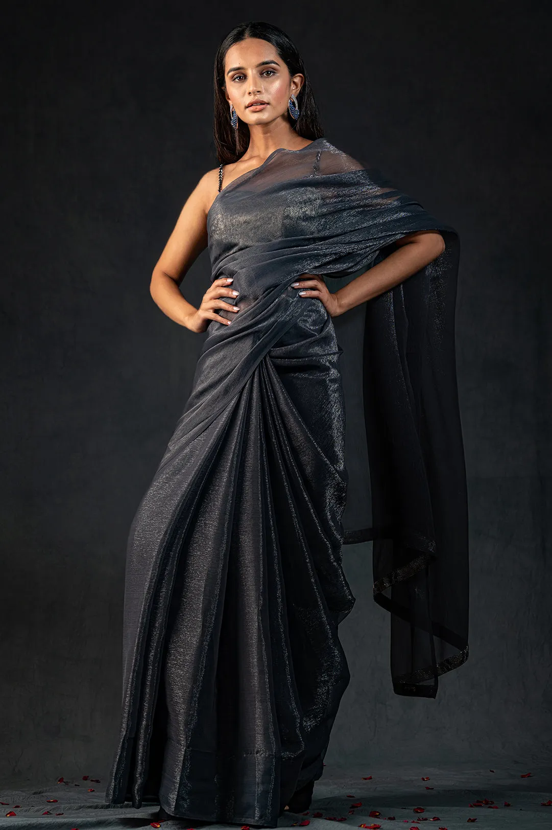 Dual Shade Grey Shimmer Silver Chiffon Saree