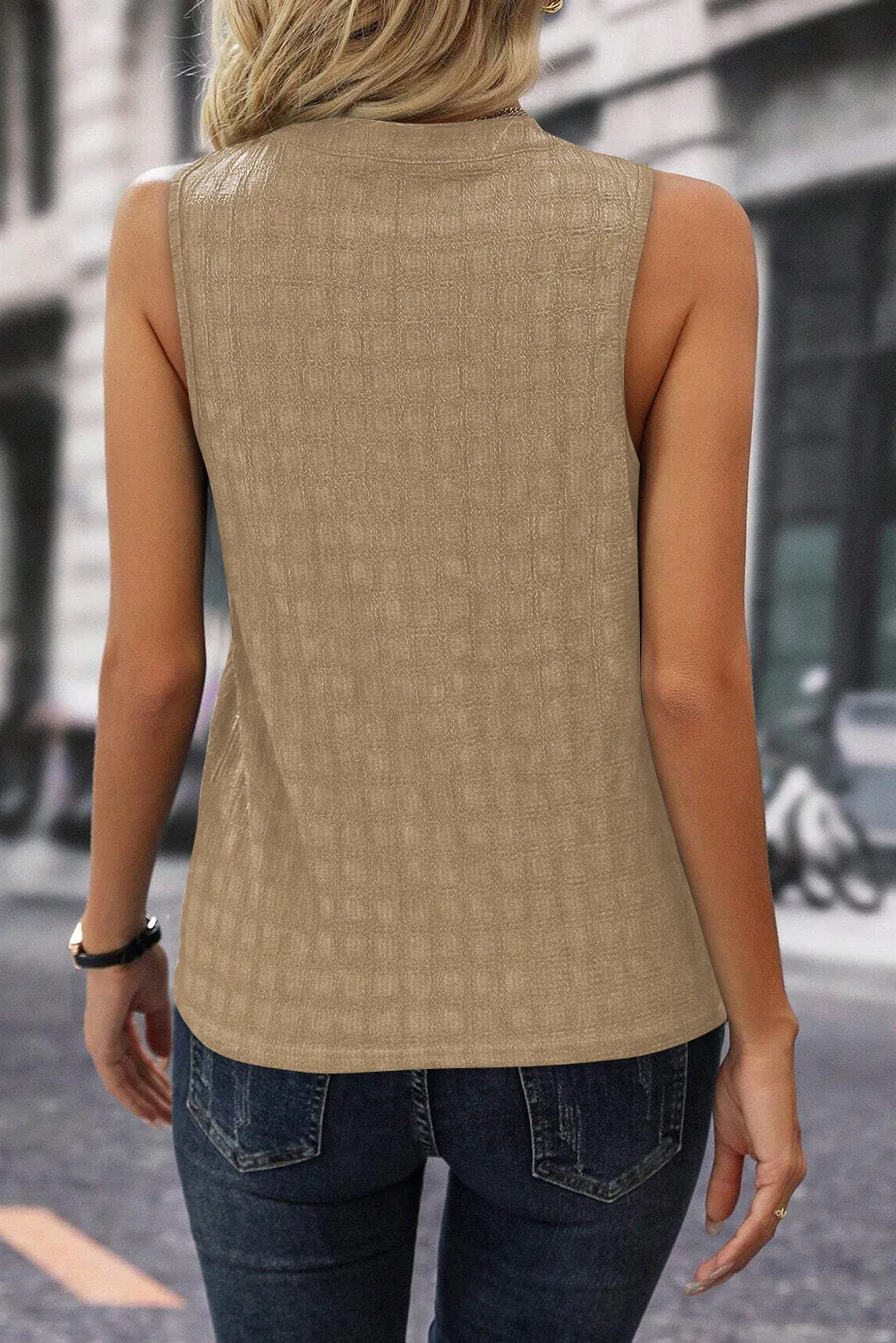 Elegant Lattice Textured Split Neck Tank Top