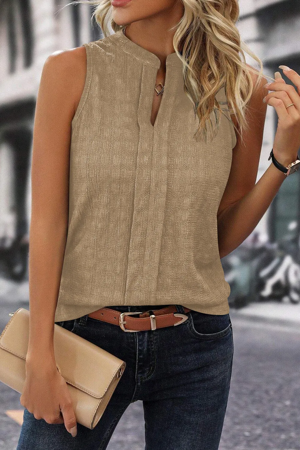 Elegant Lattice Textured Split Neck Tank Top