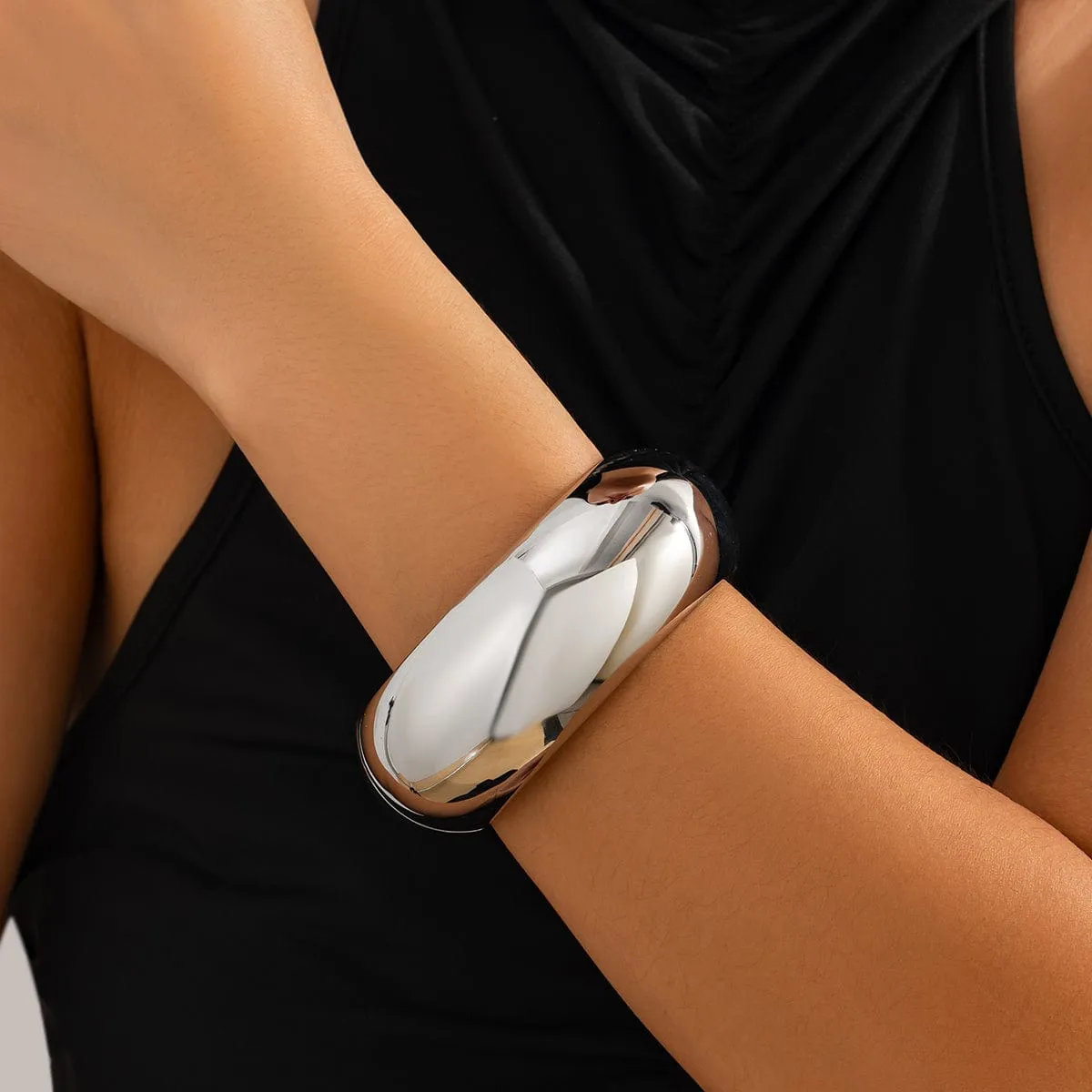Elegant Minimalist Glossy Wide Cuff Bangle Bracelet