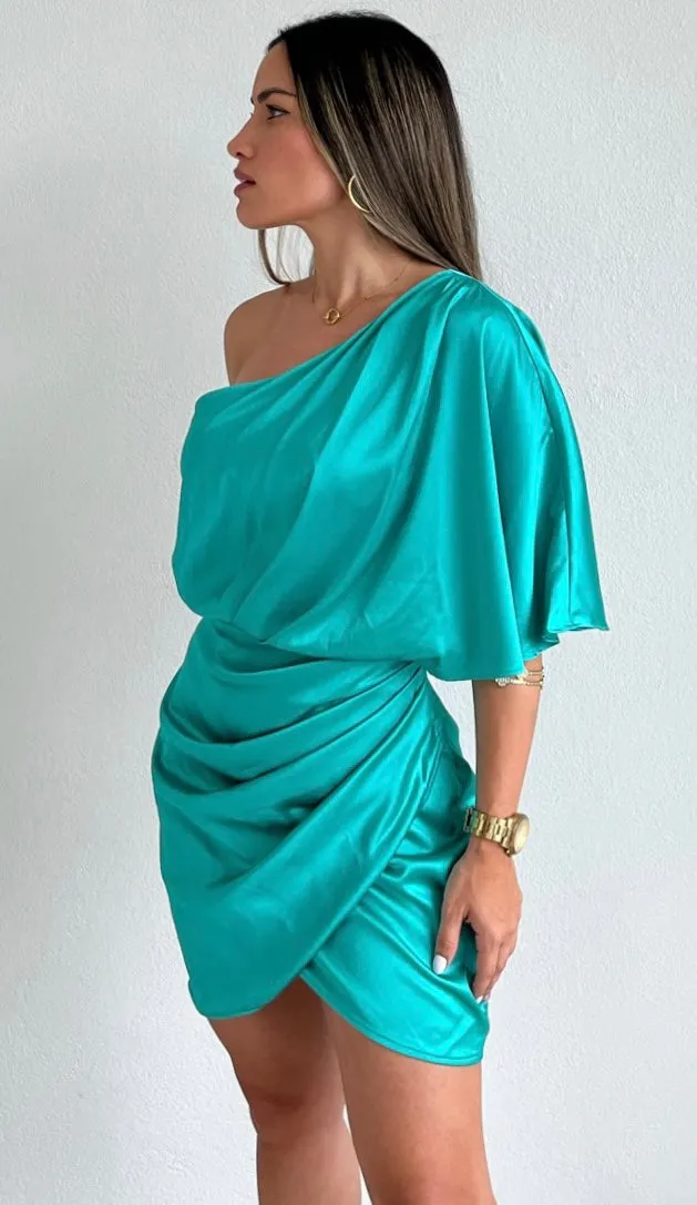 Elegant Poise Turquoise One-Shoulder Satin Dress