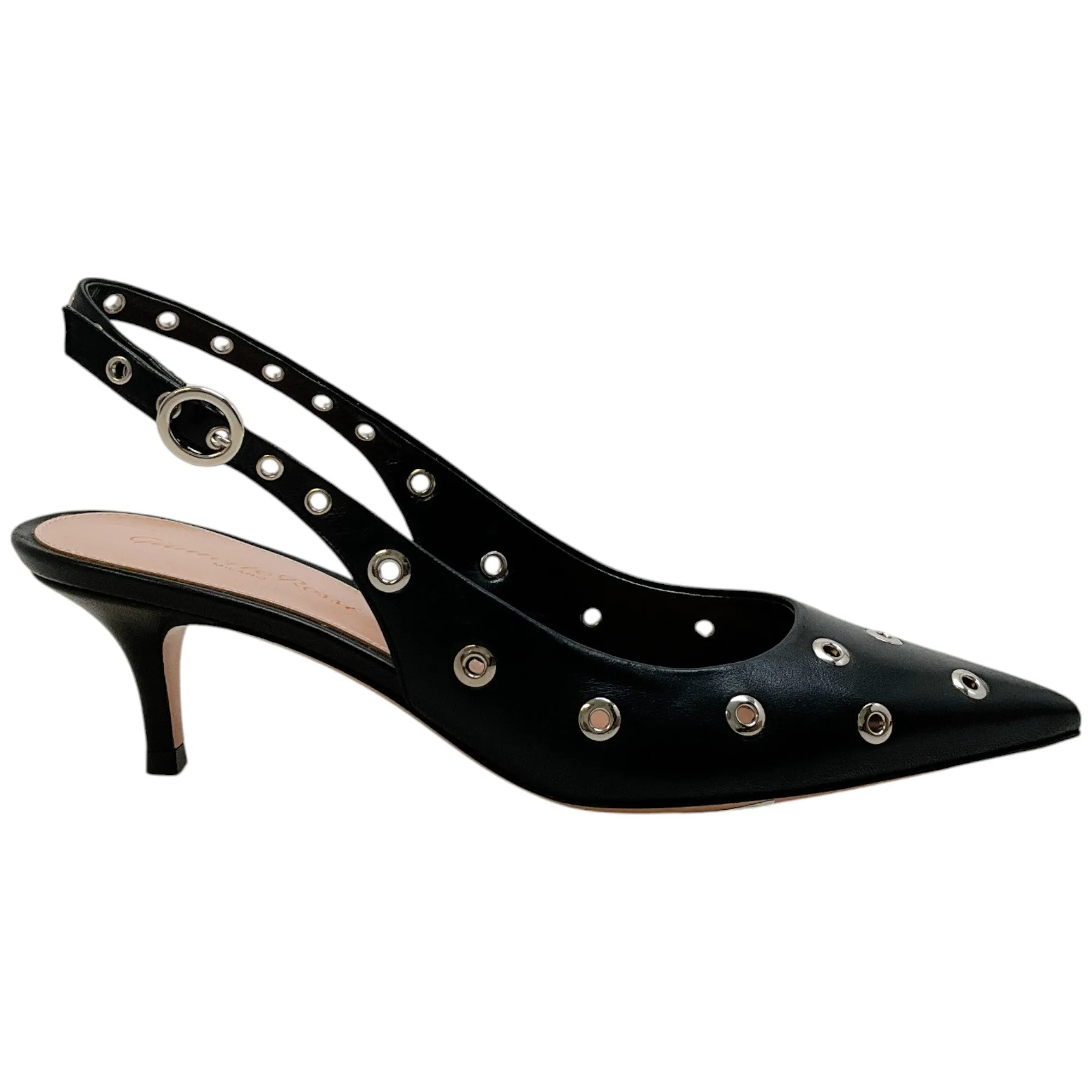 Gianvito Rossi Black Leather Kitten Heel Pump with Grommets