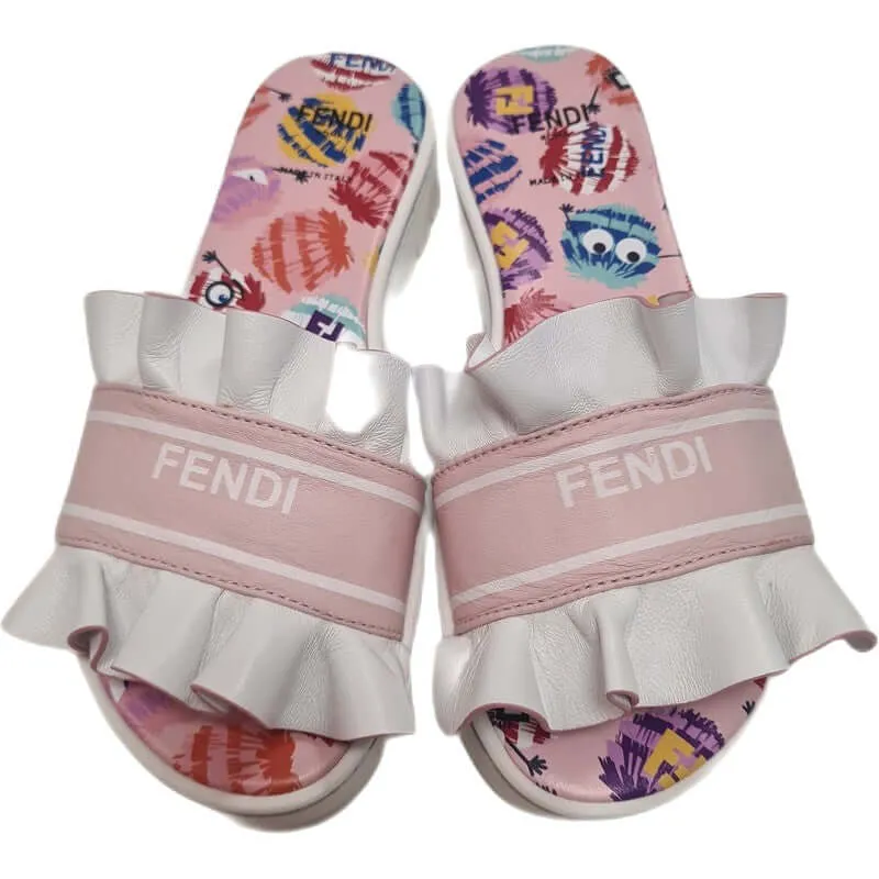 Girls White Leather Frill Slides