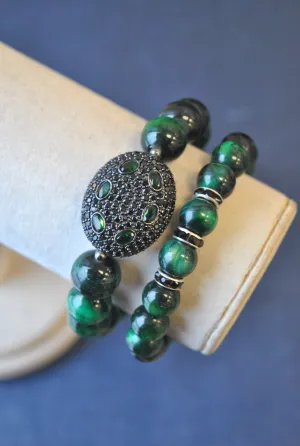 GREEN TIGEREYE STRETCHY BRACELETS SET