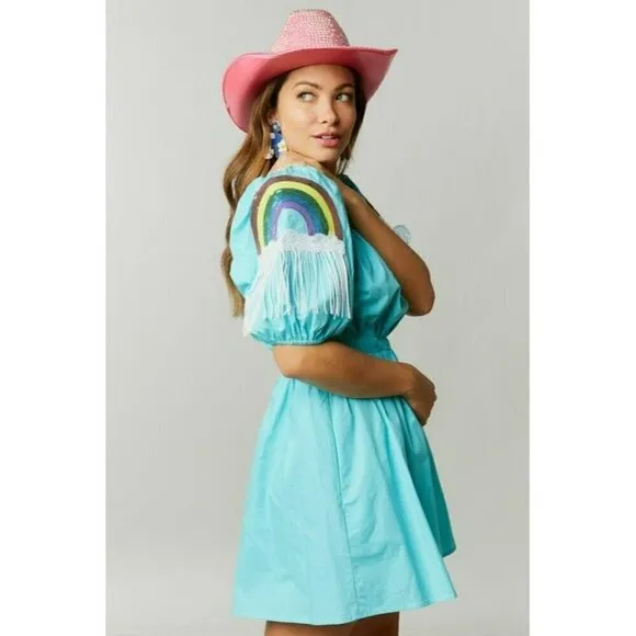Happiest Day Ever Rainbow Sequin Sleeve Dress in Sky Blue