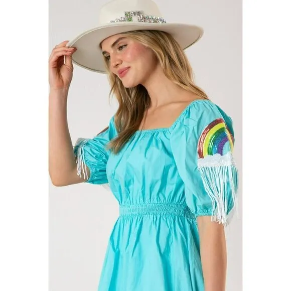 Happiest Day Ever Rainbow Sequin Sleeve Dress in Sky Blue