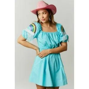 Happiest Day Ever Rainbow Sequin Sleeve Dress in Sky Blue