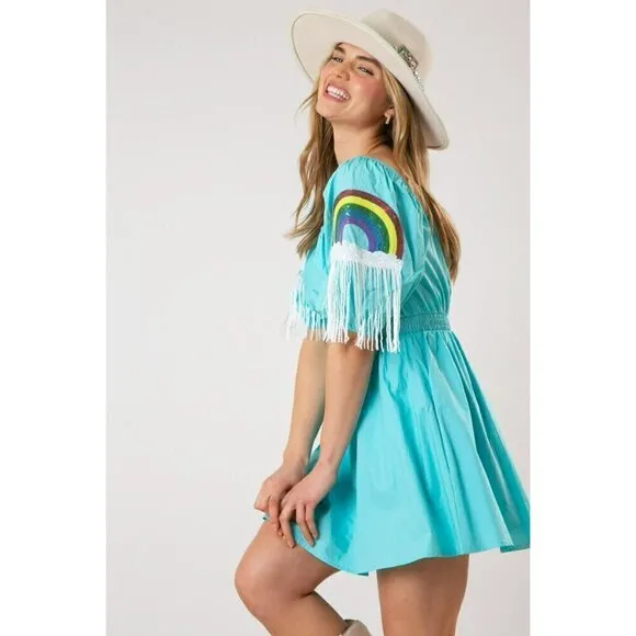 Happiest Day Ever Rainbow Sequin Sleeve Dress in Sky Blue