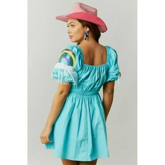 Happiest Day Ever Rainbow Sequin Sleeve Dress in Sky Blue
