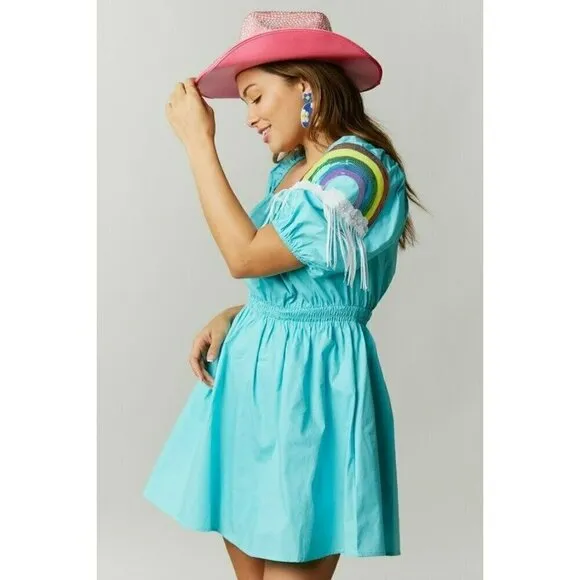 Happiest Day Ever Rainbow Sequin Sleeve Dress in Sky Blue
