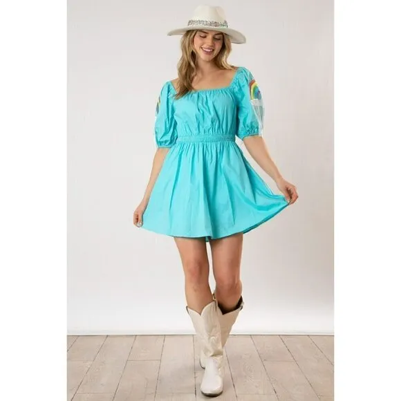 Happiest Day Ever Rainbow Sequin Sleeve Dress in Sky Blue