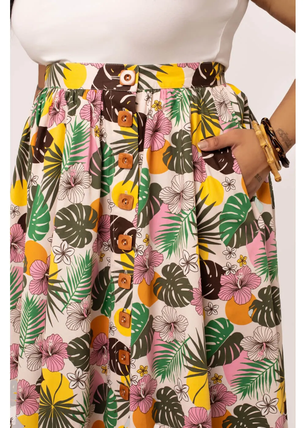 Hell Bunny Benita Tiki 50's Swing Skirt in Beige