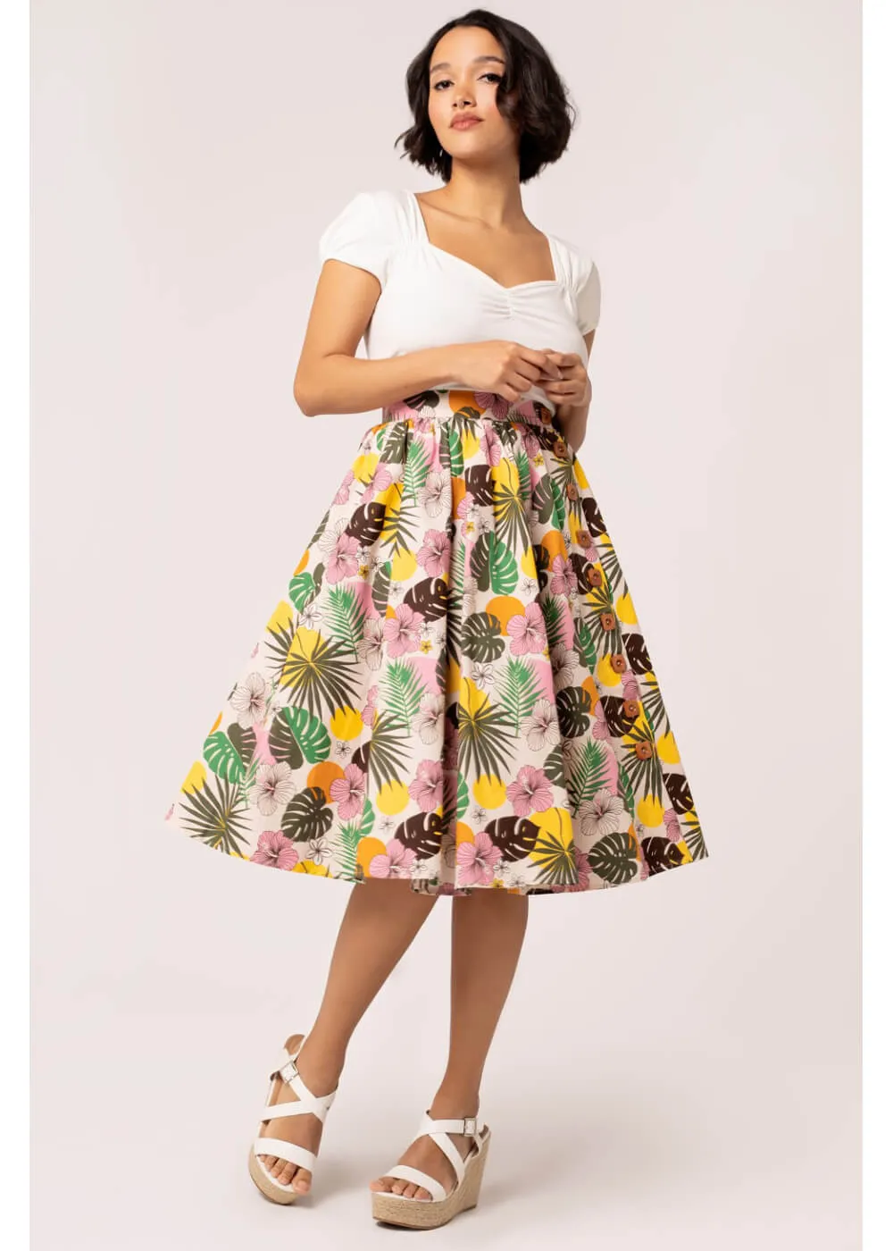 Hell Bunny Benita Tiki 50's Swing Skirt in Beige