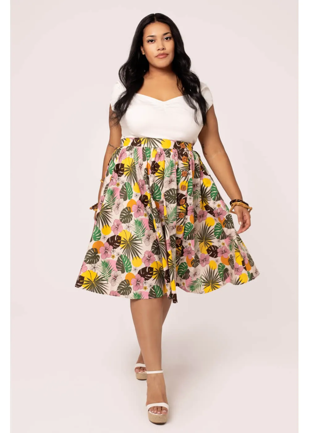 Hell Bunny Benita Tiki 50's Swing Skirt in Beige
