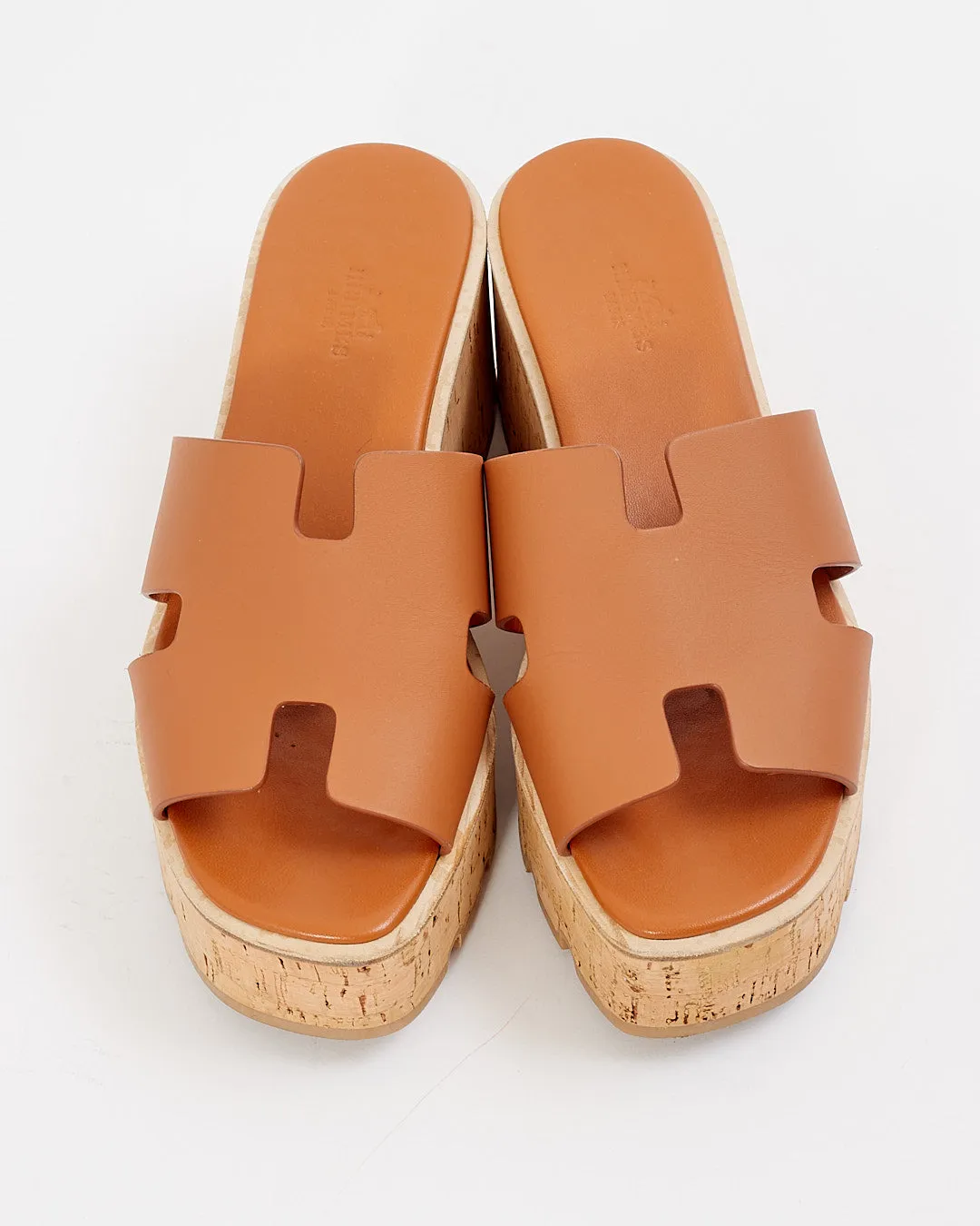 Hermes Tan Leather & Denim Oasis Heel Sandal - 39
