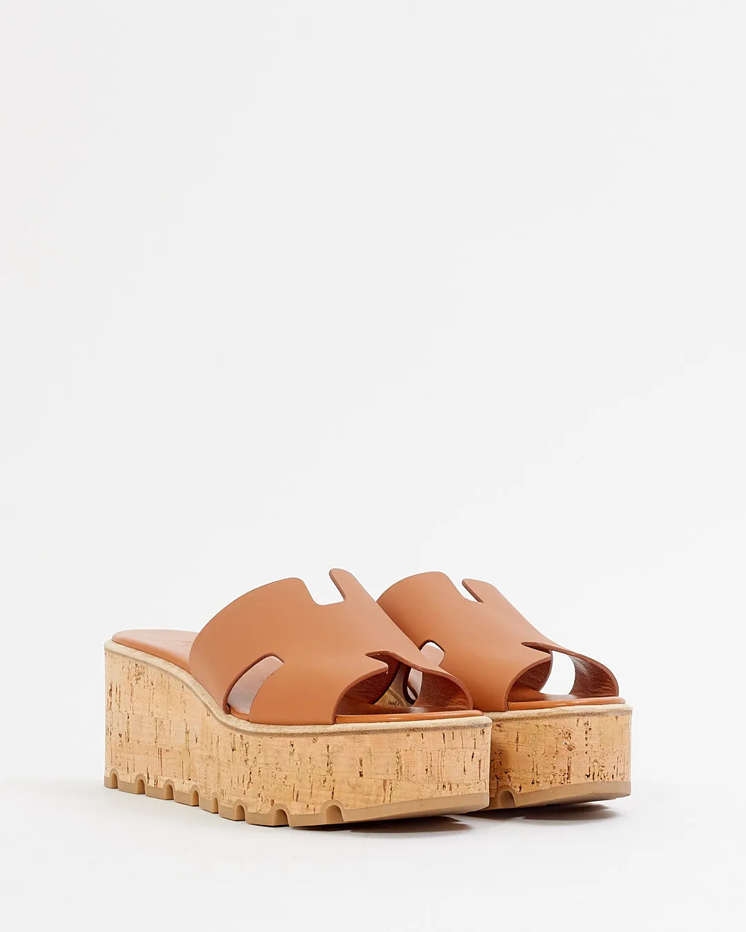 Hermes Tan Leather & Denim Oasis Heel Sandal - 39
