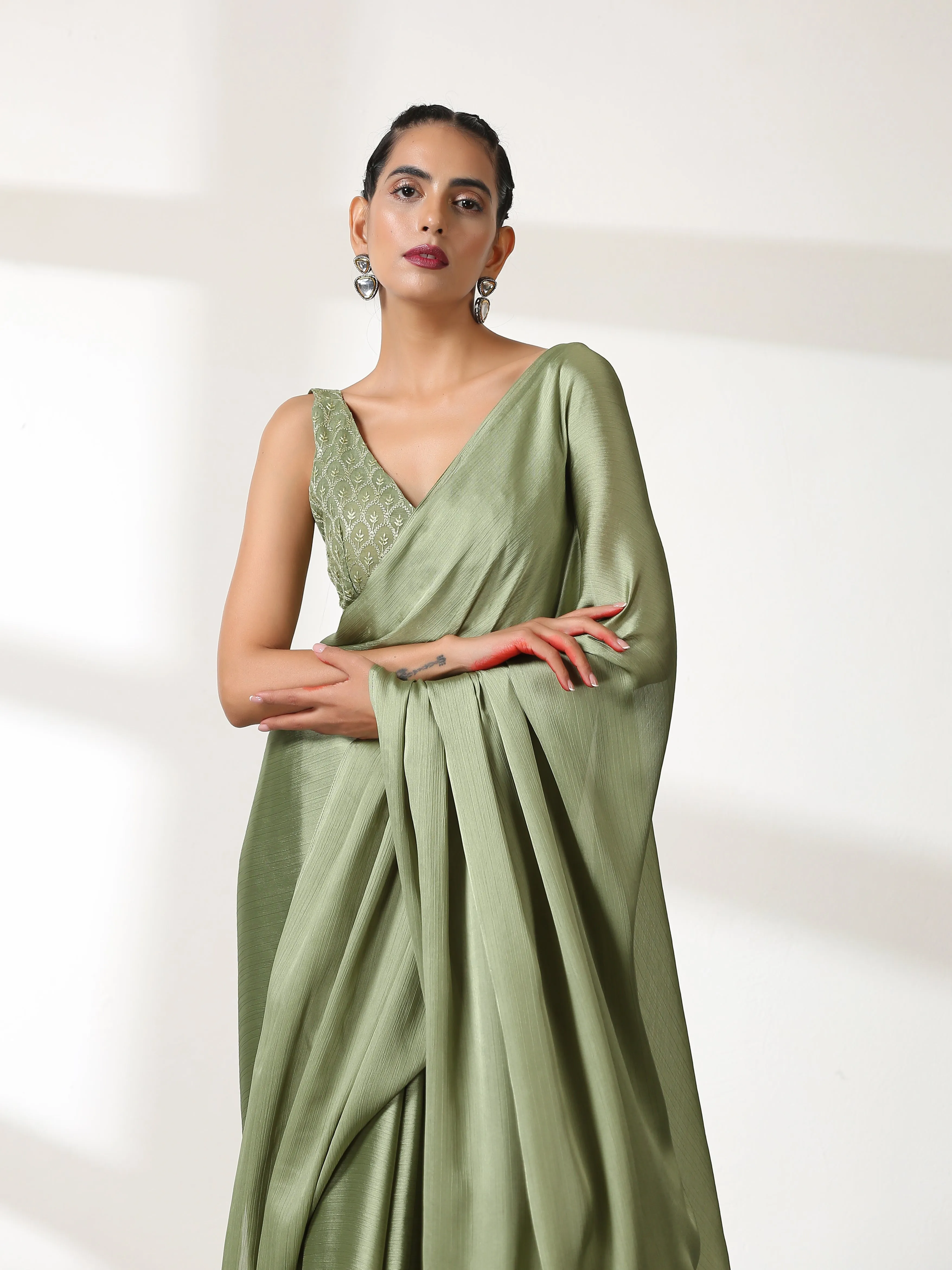 Kiwi Green Butter Chiffon Saree with Embroidered Blouse Fabric