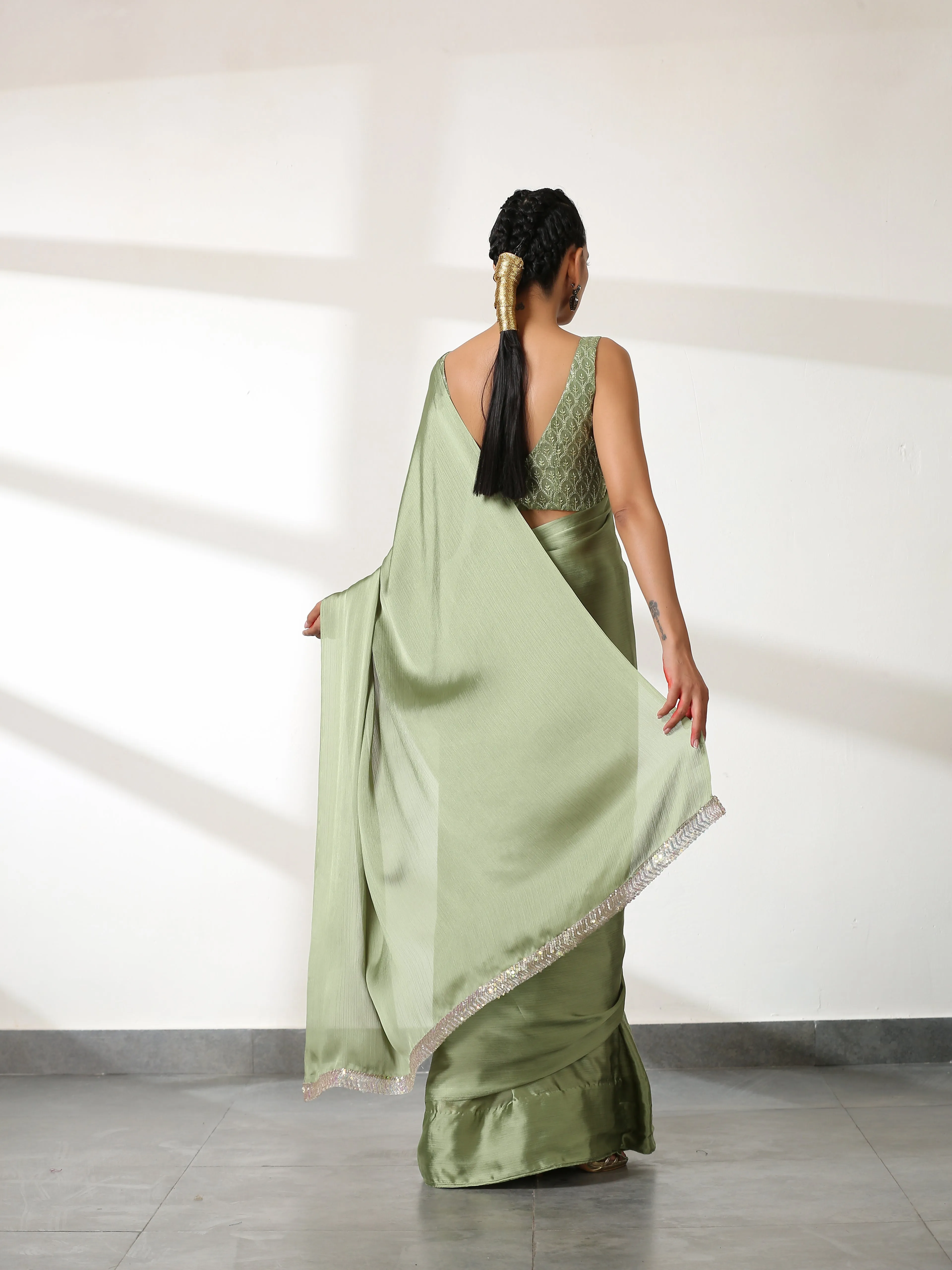 Kiwi Green Butter Chiffon Saree with Embroidered Blouse Fabric