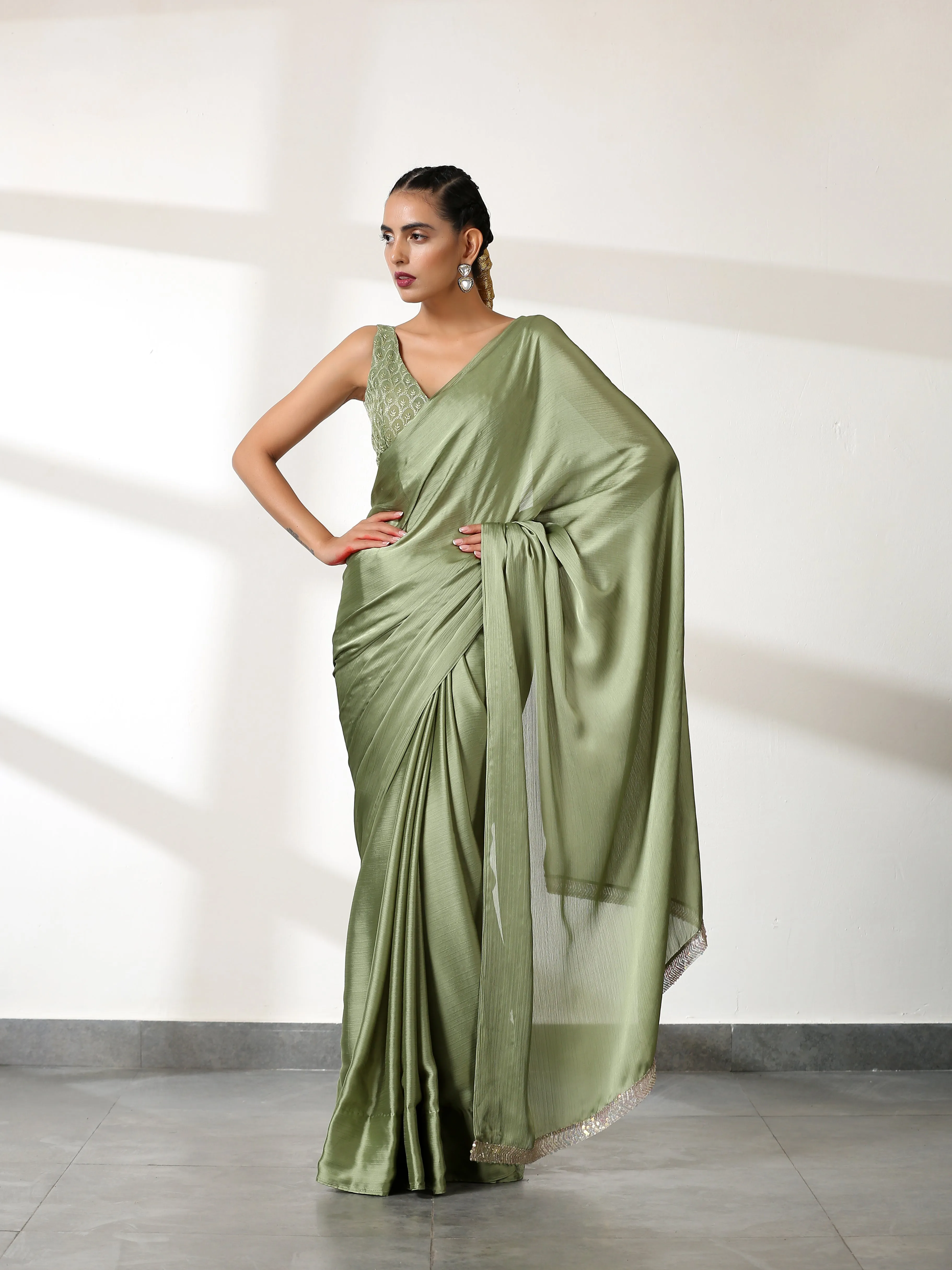 Kiwi Green Butter Chiffon Saree with Embroidered Blouse Fabric