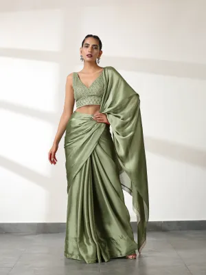 Kiwi Green Butter Chiffon Saree with Embroidered Blouse Fabric