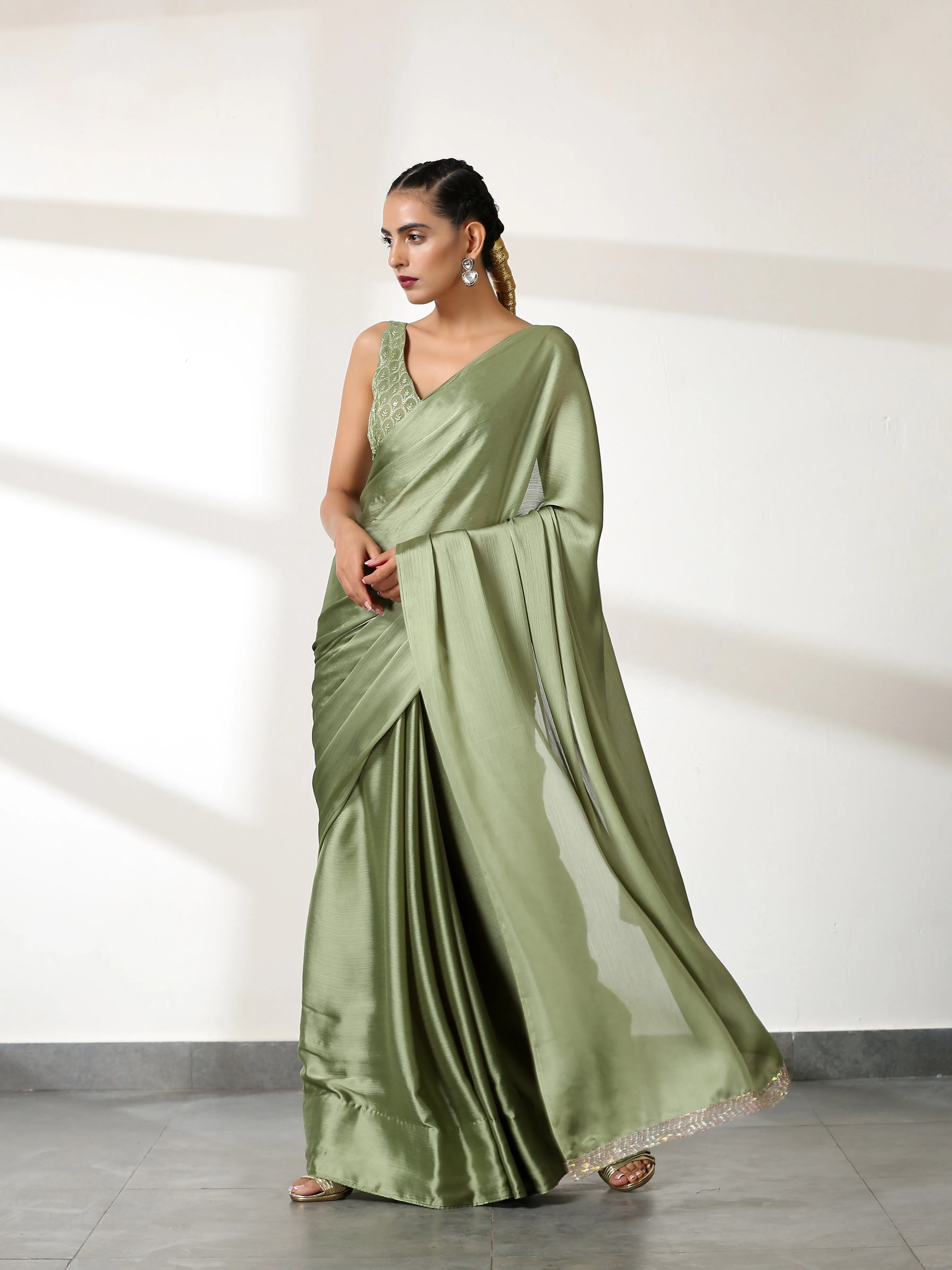 Kiwi Green Butter Chiffon Saree with Embroidered Blouse Fabric