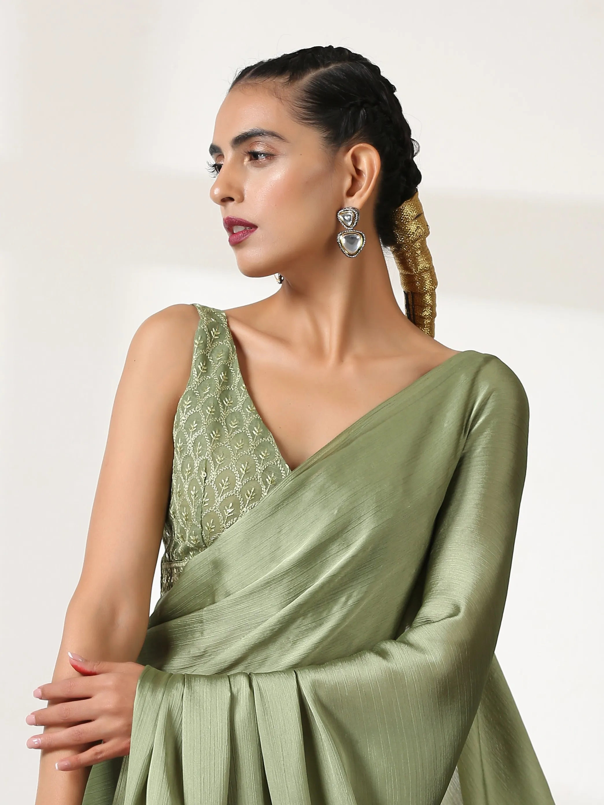 Kiwi Green Butter Chiffon Saree with Embroidered Blouse Fabric