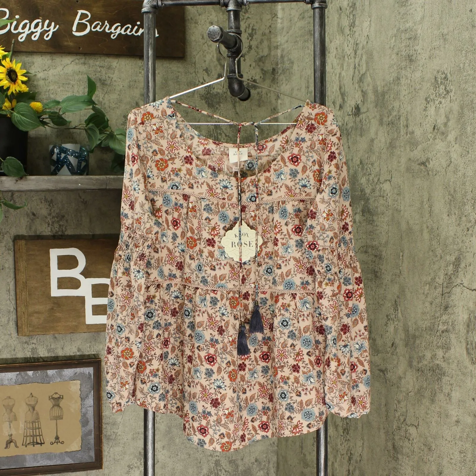 Knox Rose Women's Floral Print Long Sleeve Round Neck Blouse