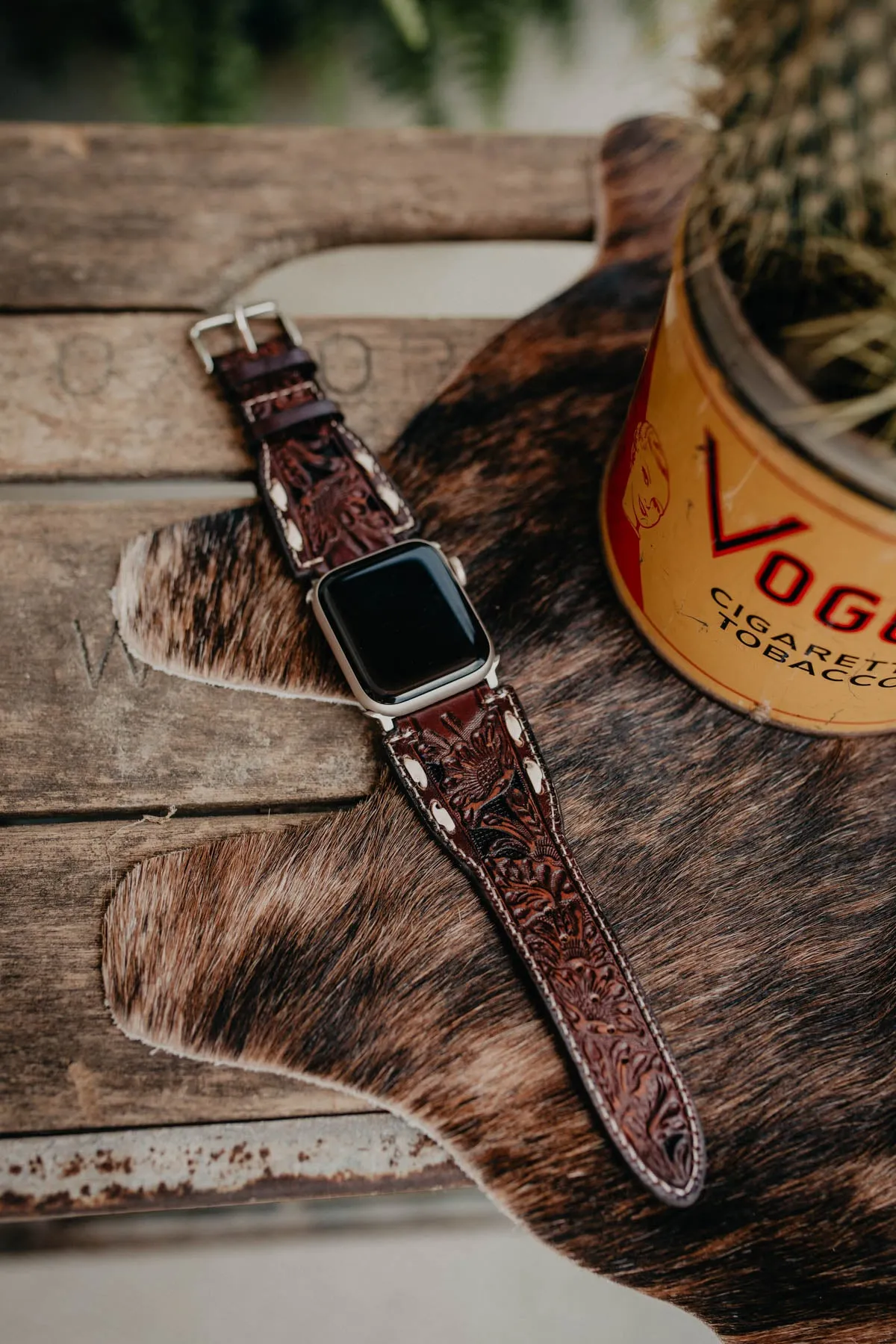 Leather Brown with White Buckstitch Watch Band (Size 42-44mm)