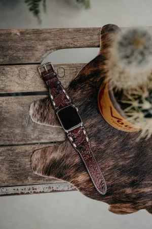 Leather Brown with White Buckstitch Watch Band (Size 42-44mm)