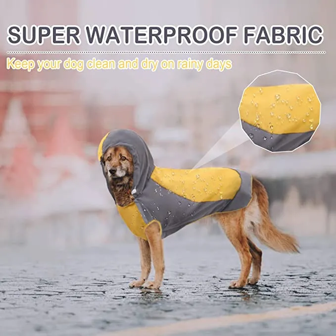 New Hooded Dog Raincoat, Waterproof with Reflective Strips for Large Dogs, Yellow & Grey! Sz 10 for large breed dogs