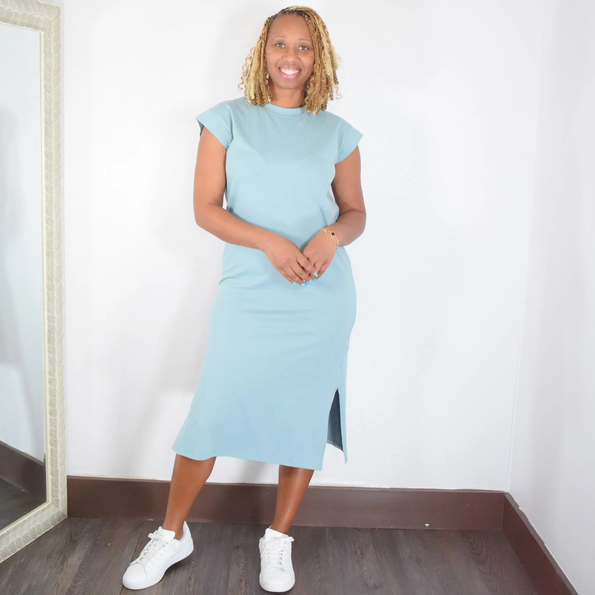Out & About | Round Neck Short Sleeve Midi Dress - Blue Gray