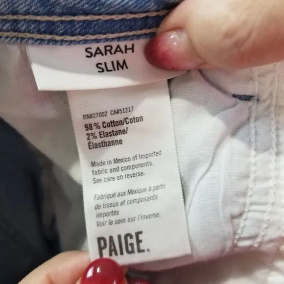 Paige Sarah Slim Crop Jeans High Rise Stretchy Denim In Harmonic Blue Size 32