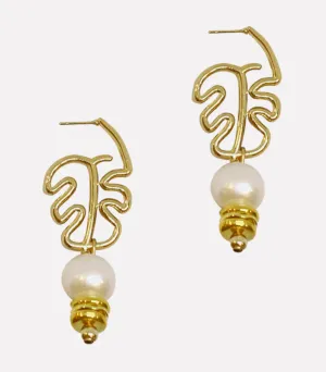 Palm Leaf Pearl Drop Earrings