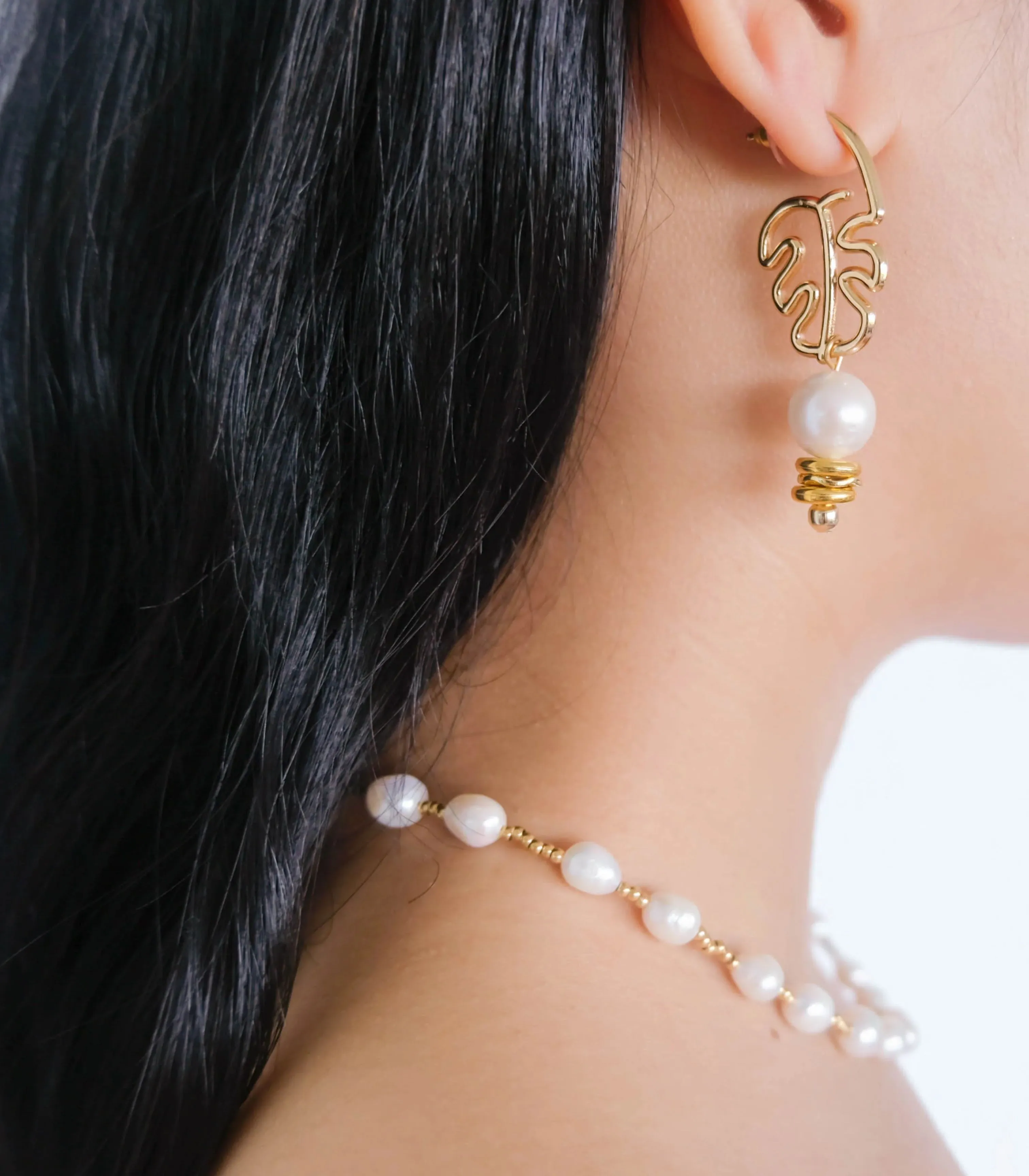Palm Leaf Pearl Drop Earrings