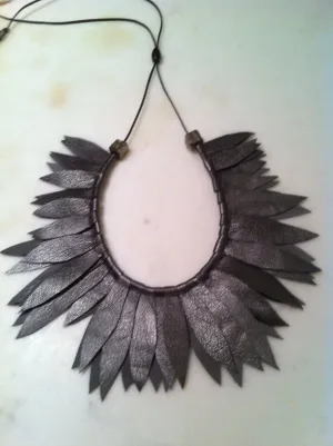 Pewter Leather Leaf Collar w/ Pyrite