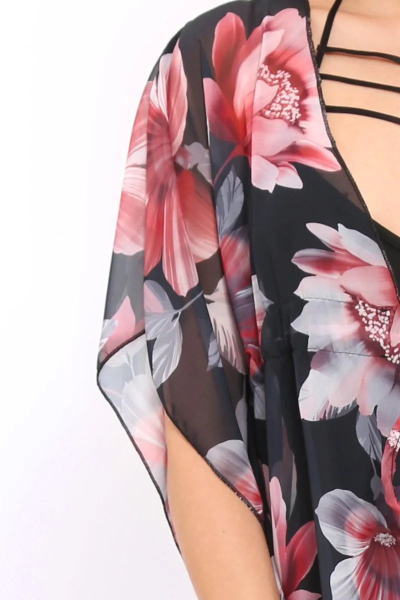 Pink Floral Print Long Kimono - Vonda