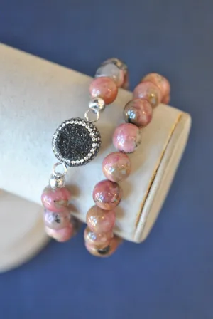 PINK RHODONITE AND BLACK DRUZY SWAROVSKI CRYSTALS STRETCHY BRACELETS SET