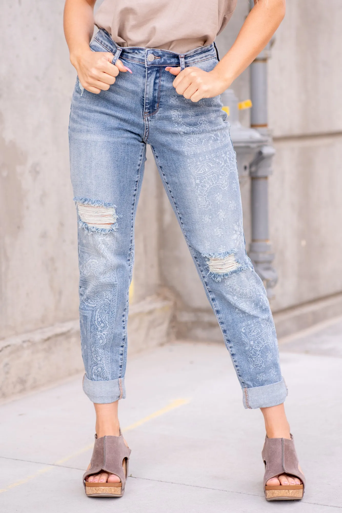 Plus Size Paisley Print Mid Rise Distressed Boyfriend