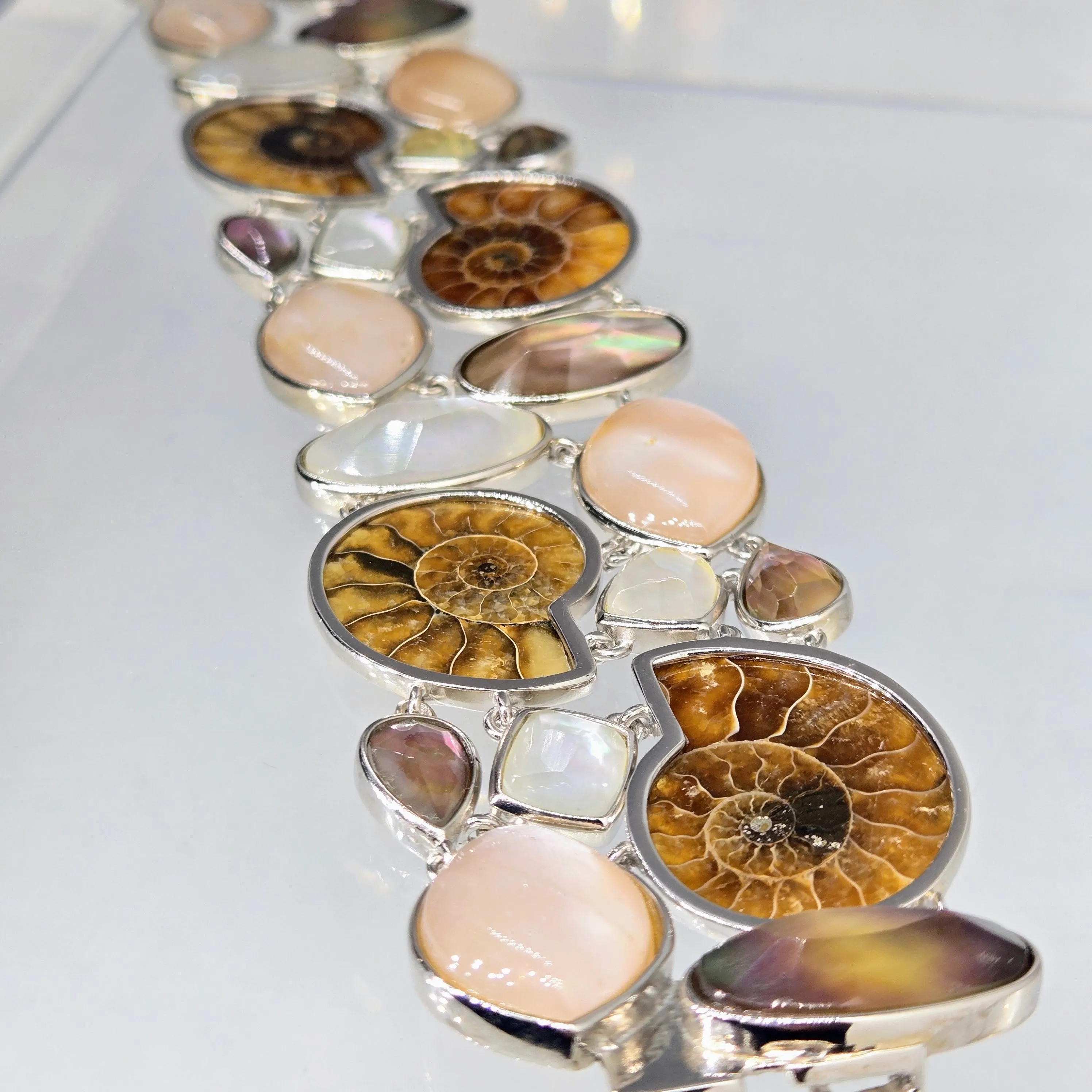 "Sand & Sable" 7.75" Bracelet - Ammonite, Mother Of Pearl & Quartz Doublets, Anti-tarnish Sterling