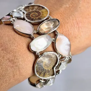 "Sand & Sable" 7.75" Bracelet - Ammonite, Mother Of Pearl & Quartz Doublets, Anti-tarnish Sterling