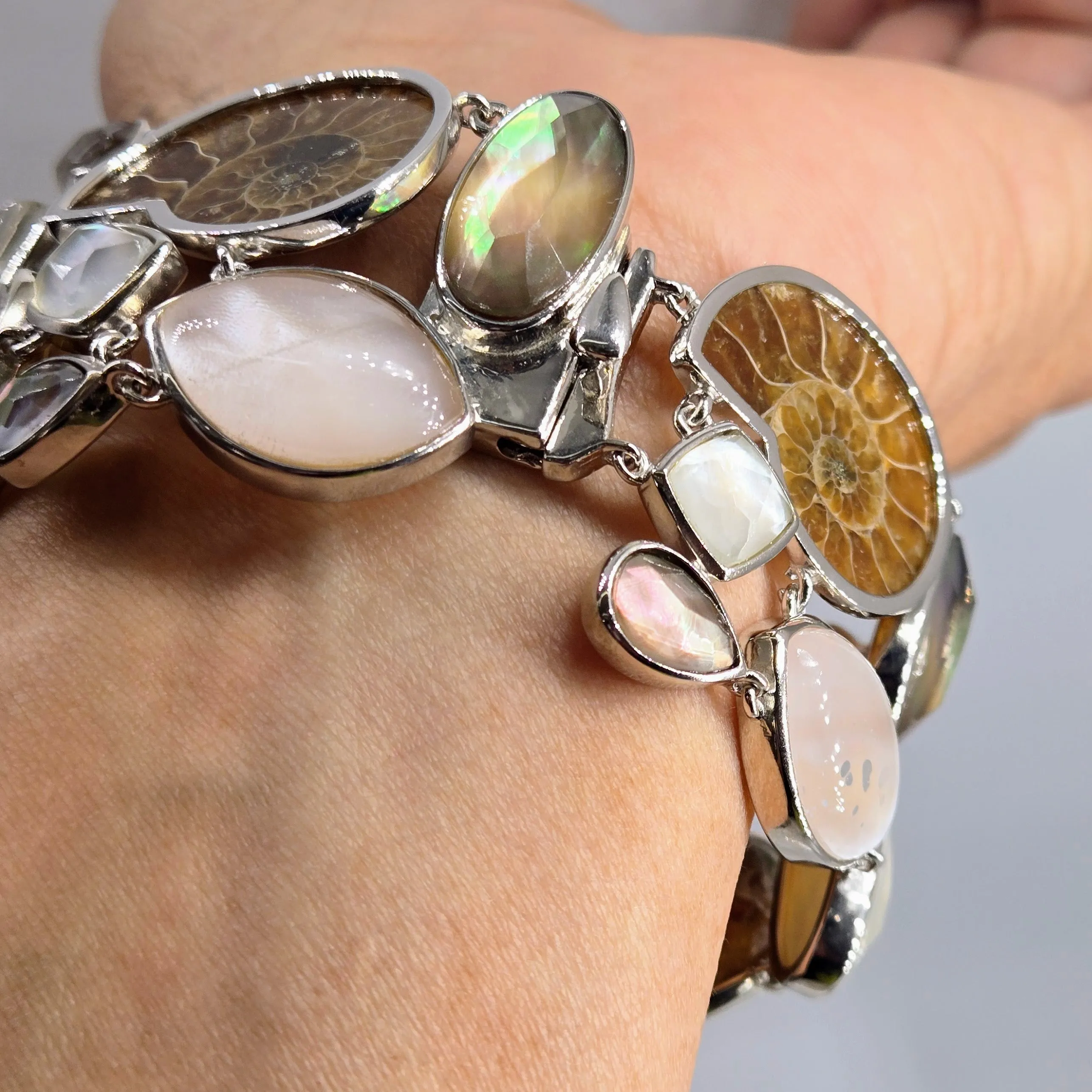 "Sand & Sable" 7.75" Bracelet - Ammonite, Mother Of Pearl & Quartz Doublets, Anti-tarnish Sterling
