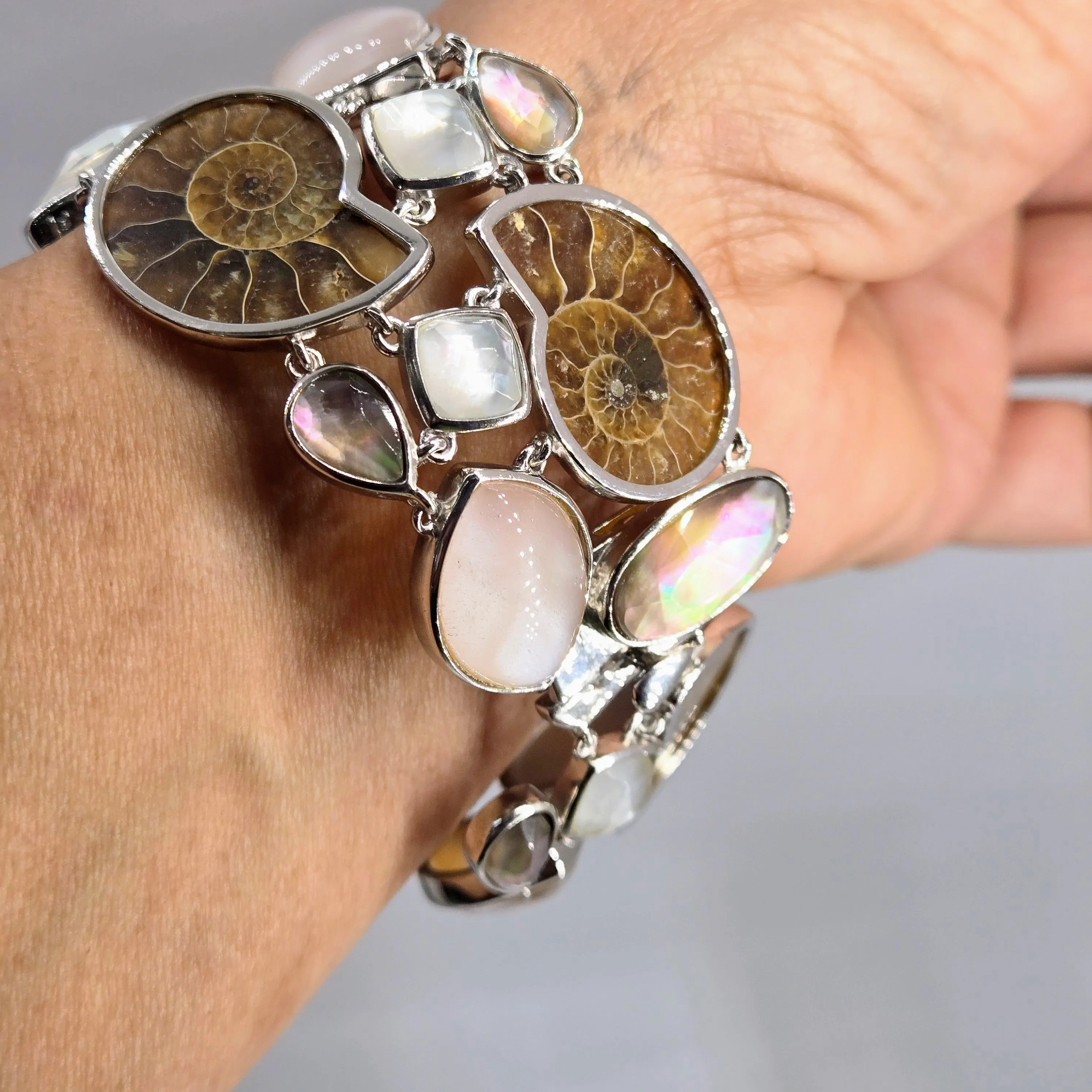 "Sand & Sable" 7.75" Bracelet - Ammonite, Mother Of Pearl & Quartz Doublets, Anti-tarnish Sterling