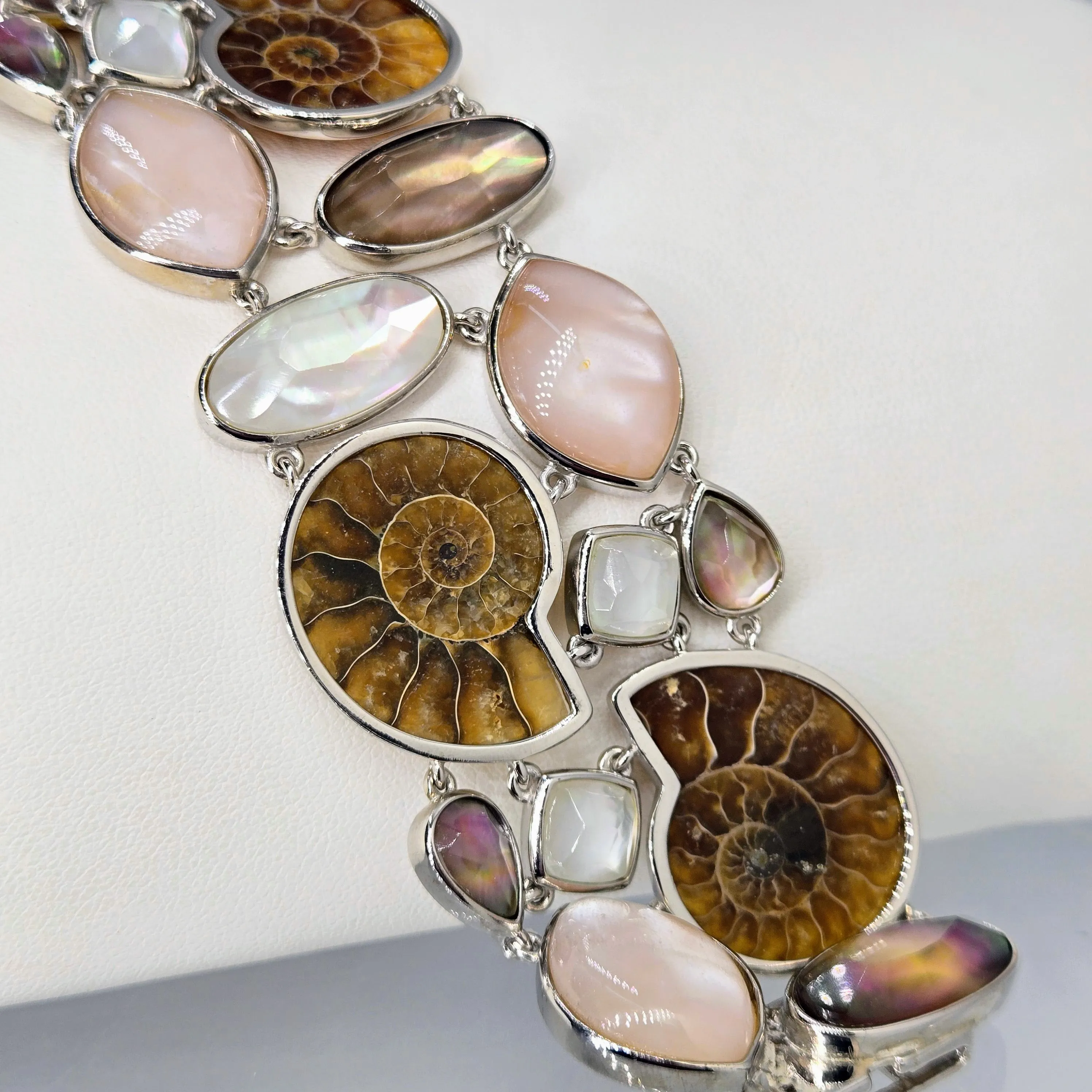 "Sand & Sable" 7.75" Bracelet - Ammonite, Mother Of Pearl & Quartz Doublets, Anti-tarnish Sterling