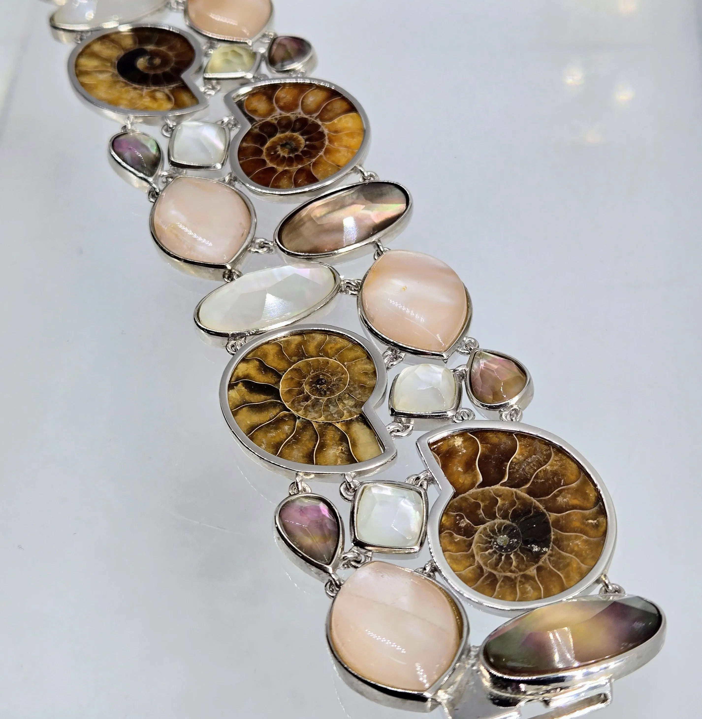 "Sand & Sable" 7.75" Bracelet - Ammonite, Mother Of Pearl & Quartz Doublets, Anti-tarnish Sterling