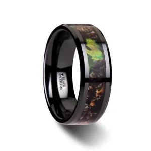RAMBO Men's Realistic Tree Camo Black Ceramic Ring With Green Leaves - 8mm
