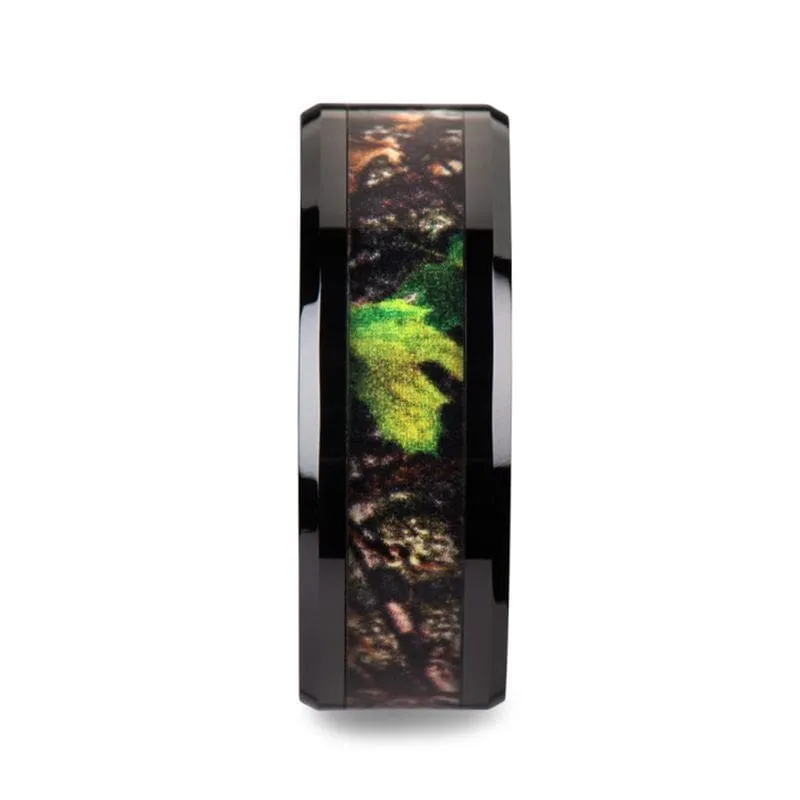RAMBO Men's Realistic Tree Camo Black Ceramic Ring With Green Leaves - 8mm