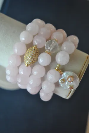 ROSE QUARTZ AND GOLD RHINESTONES STRETCHY BRACELETS