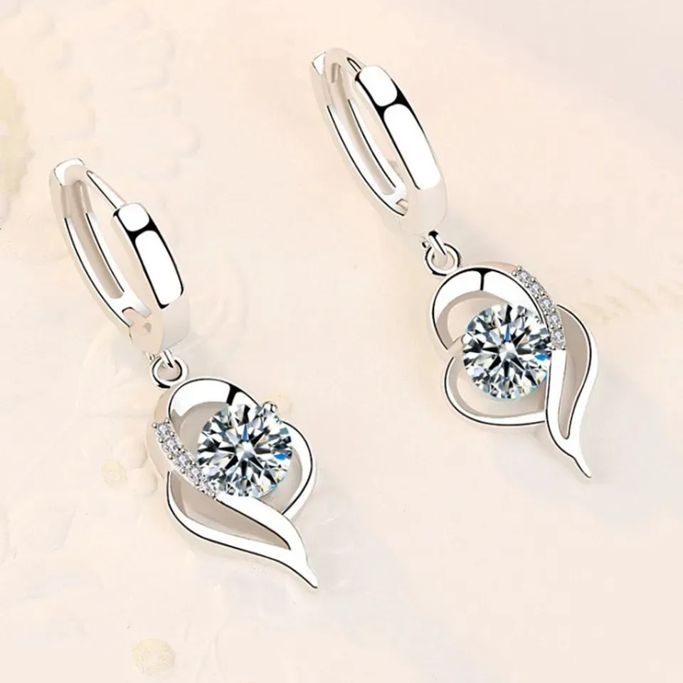 Sideways Dangling Zircon Heart Earrings