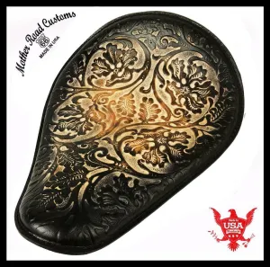 Spring Seat Chopper Bobber Harley Sportster Honda 10x13 BlkBrn Oak Leaf Leather