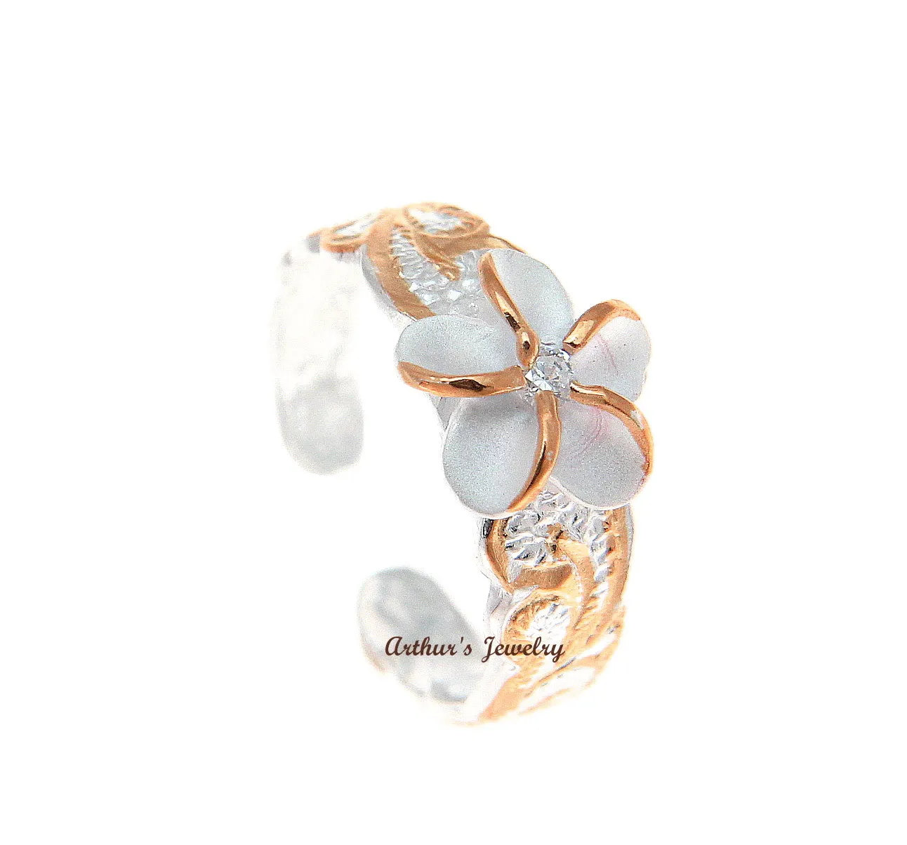STERLING SILVER 925 PINK ROSE GOLD HAWAIIAN PLUMERIA FLOWER SCROLL TOE RING